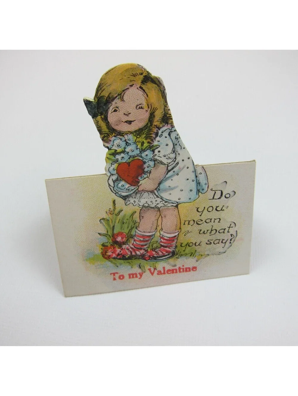 Vintage Valentine Cutout Card Stand Up Blonde Girl Red Heart 1920s-30s UNSIGNED